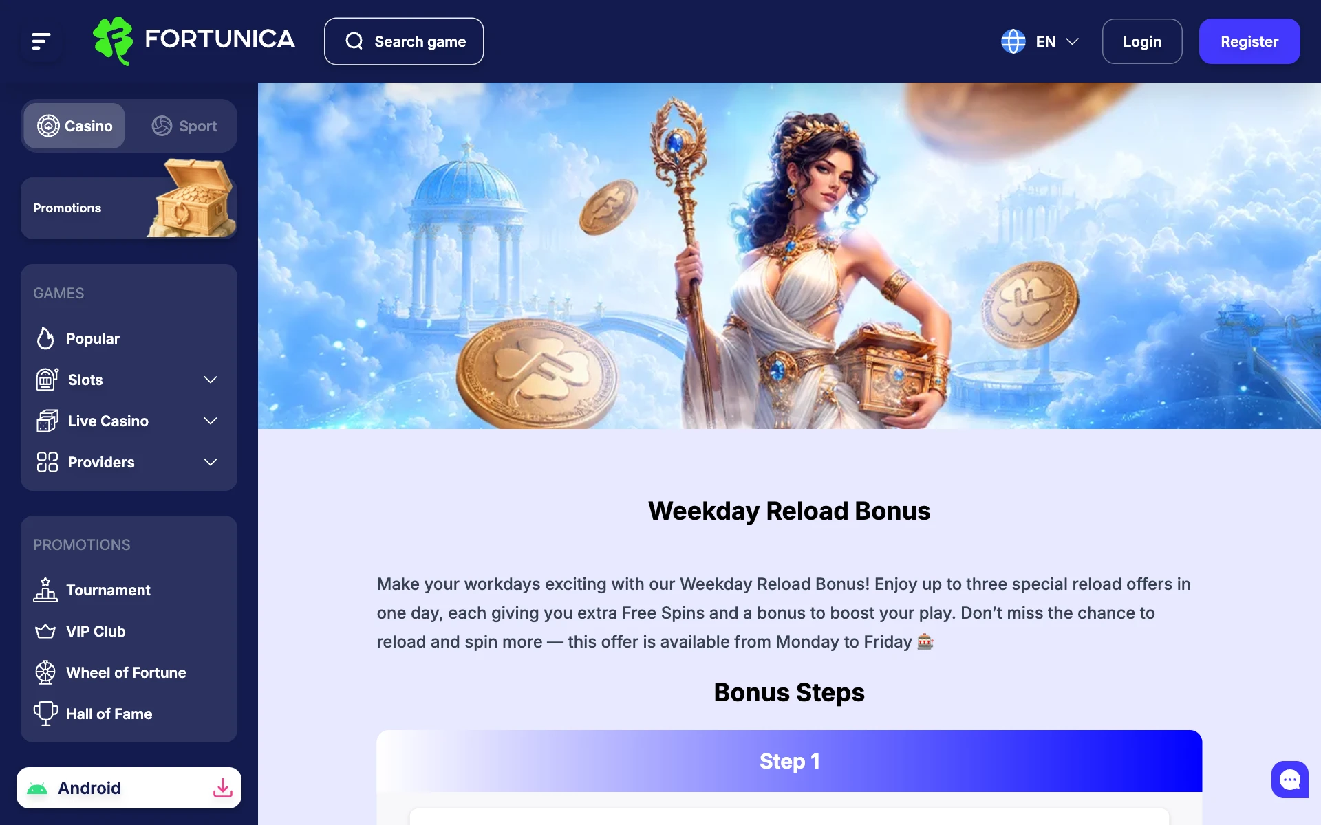 Fortunica Weekday Reload Bonus page with three reload steps a day