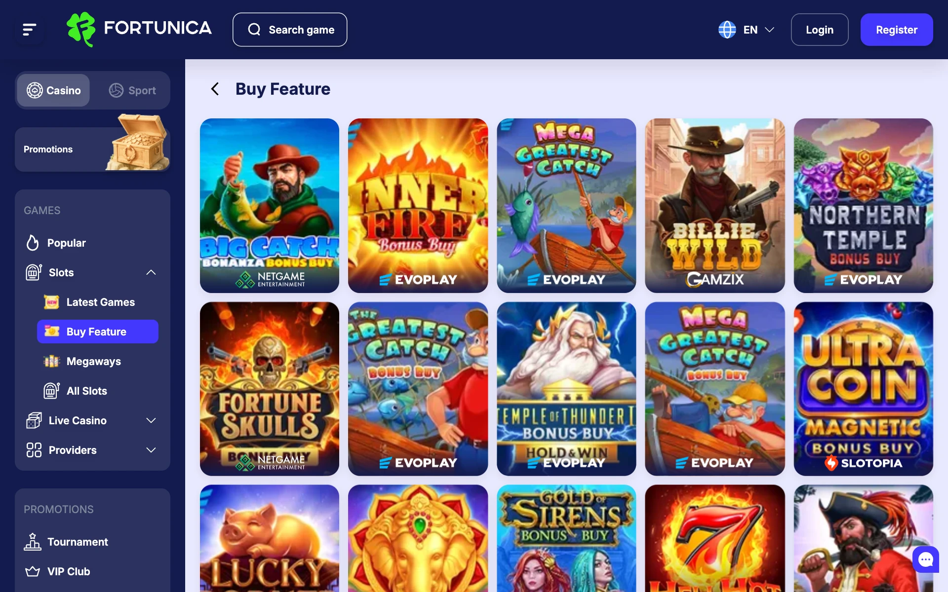 Fortunica Casino Buy Feature shelf with rows of bonus-buy slot tiles